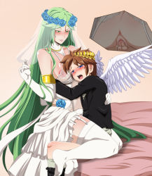 Rule 34 | 1boy, 1girl, age difference, ass, between breasts, blush, breasts, clothed sex, cowgirl position, dress, face between breasts, face to breasts, green hair, head between breasts, hetero, kid icarus, lady fantasma, nintendo, palutena, pit (kid icarus), sex, straddling, tuxedo, wedding dress, wings