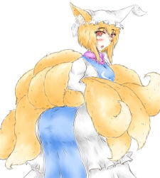 Rule 34 | 1girl, animal ears, animal hat, ass, back, bent over, blonde hair, blush, breasts, dress, female focus, fox ears, fox tail, frilled dress, frills, from behind, hat, holding own tail, juliet sleeves, large breasts, long sleeves, looking back, mob cap, multiple tails, open mouth, puffy sleeves, raised eyebrows, red eyes, short hair, simple background, solo, ta gero, tabard, tail, tassel, touhou, white background, yakumo ran