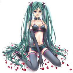 Rule 34 | 1girl, bad id, bad pixiv id, blue eyes, elbow gloves, female focus, full body, gloves, green hair, hatsune miku, highres, hinagaeru, long hair, petals, simple background, skirt, solo, thighhighs, twintails, very long hair, vocaloid, white background