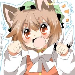 Rule 34 | 1girl, animal ears, bad id, bad twitter id, blush, brown hair, cat ears, cat tail, chen, earrings, fang, hat, jewelry, lowres, multiple tails, nekomata, nyan, open mouth, rebecca (keinelove), red eyes, ribbon, short hair, smile, tail, touhou, two tails