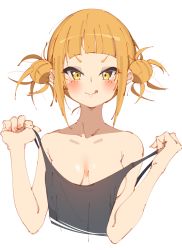 Rule 34 | 1girl, :q, bare shoulders, black tank top, blonde hair, boku no hero academia, breasts, cleavage, collarbone, double bun, hair bun, highres, looking at viewer, medium breasts, rasusurasu, short hair, simple background, solo, tank top, toga himiko, tongue, tongue out, upper body, white background, yellow eyes