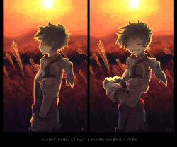Rule 34 | 1boy, backlighting, belt, bodysuit, boku no hero academia, clenched hands, closed eyes, commentary request, cowboy shot, evening, facing viewer, freckles, from side, gloves, green bodysuit, green hair, grin, highres, hood, hood down, hooded bodysuit, looking afar, looking at viewer, male focus, midoriya izuku, multiple views, outdoors, parted lips, short hair, smile, standing, sun, sunlight, sunset, teeth, translation request, unou (unou mha), wheat, white gloves