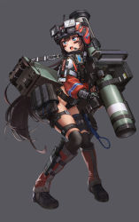 Rule 34 | 1girl, black gloves, bypos, fingerless gloves, full body, gloves, goddess of victory: nikke, grey background, hair between eyes, highres, holding, holding rocket launcher, holding weapon, jacket, long hair, mica (nikke), open mouth, ponytail, rifling, rocket launcher, sidelocks, simple background, solo, standing, teeth, upper teeth only, very long hair, weapon