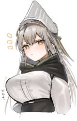 Rule 34 | 1girl, arknights, black cape, black skirt, blush, breasts, bright pupils, cape, emphasis lines, fartooth (arknights), feather hair, grey hair, highres, horn/wood, large breasts, long hair, looking at viewer, musical note, shirt, shirt tucked in, simple background, skirt, solo, upper body, visor (armor), visor lift, white background, white pupils, white shirt, yellow eyes