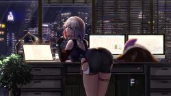 Rule 34 | 1girl, absurdres, ass, ass focus, bare shoulders, black shirt, breasts, building, clothing cutout, cpu, desk, desk lamp, gxws, highres, honkai: star rail, honkai (series), huge ass, lamp, large breasts, looking at viewer, monitor, night, numby (honkai: star rail), on desk, shirt, short shorts, shorts, side cutout, sitting, thighs, topaz (honkai: star rail), trotter (honkai: star rail), white hair, window