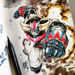 Rule 34 | absurdres, art tools in frame, clenched hands, commentary, english commentary, grendizer, highres, horns, mar-c!, marker, marker (medium), mazinger (series), mecha, mecha focus, mixed-language commentary, no humans, photo (medium), robot, smoke, solo, super robot, traditional media, ufo robo grendizer