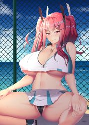 Rule 34 | 1girl, azur lane, bare shoulders, black panties, blue sky, breasts, bremerton (azur lane), bremerton (scorching-hot training) (azur lane), chain-link fence, cleavage, closed mouth, crop top, crop top overhang, crossed bangs, day, fence, hair between eyes, hair ornament, hands on own thighs, heart, heart necklace, highres, jewelry, kisaragi nana, large breasts, licking lips, mole, mole under eye, multicolored hair, necklace, panties, red eyes, red hair, shirt, sitting, skirt, sky, sleeveless, sleeveless shirt, sportswear, spread legs, squatting, streaked hair, tennis court, tennis uniform, tongue, tongue out, two-tone shirt, two-tone skirt, two side up, underwear, white skirt, x hair ornament