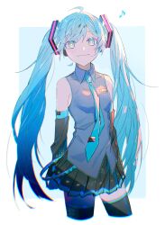 Rule 34 | 1girl, absurdres, aqua eyes, aqua hair, aqua necktie, bare shoulders, black skirt, black sleeves, black thighhighs, blackmilaifu3, closed mouth, collared shirt, commentary, cowboy shot, cropped legs, detached sleeves, eighth note, grey shirt, hair ornament, hatsune miku, headphones, highres, long hair, looking at viewer, musical note, necktie, pleated skirt, shirt, skirt, sleeveless, sleeveless shirt, smile, solo, symbol-only commentary, thighhighs, twintails, vocaloid, zettai ryouiki