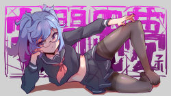 Rule 34 | 1girl, :&lt;, black shirt, black skirt, blue hair, closed mouth, full body, glasses, grey background, hand on own cheek, hand on own face, leggings, long hair, long sleeves, looking at viewer, lying, on side, original, pantyhose, purple eyes, sailor collar, school uniform, shirt, skirt, solo, toes, twintails, zhainan s-jun