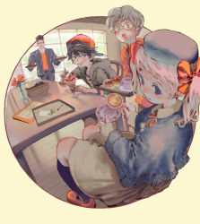 Rule 34 | 1girl, 3boys, :t, alternate costume, ana (mother), backwards hat, baseball cap, beret, black socks, blonde hair, blue eyes, bow, chair, closed mouth, coffee, cup, eating, flower, food, food on face, glasses, hair between eyes, hair bow, hat, holding, holding tray, hood, hooded jacket, indoors, jacket, kneehighs, lloyd (mother), long sleeves, mokorobi, mother (game), mother 1, multiple boys, ninten, nintendo, parfait, plate, poncho, red bow, red footwear, shirt, sitting, socks, striped clothes, striped shirt, sunglasses, table, teddy (mother), tray, twintails, window