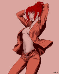 Rule 34 | 1girl, =a=, adjusting hair, arms up, belt, breasts, cleavage, earrings, formal, gintama, jewelry, mouth hold, navel, no bra, open clothes, open shirt, pants, ponytail, ribbon in mouth, shimura tae, shirt, solo, spot color, suit, open belt, unbuttoned