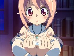 Rule 34 | 1girl, breasts, brooch, bustier, elf, happy, jewelry, large breasts, magic, necklace, pink eyes, pink hair, pointy ears, rune&#039;s pharmacy, rune (rune&#039;s pharmacy), short hair, smile, stitched, third-party edit