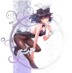 Rule 34 | 1girl, absurdres, animal ears, bare shoulders, black bow, black bowtie, black footwear, black hair, black pantyhose, blake belladonna, bow, bowtie, breasts, cat ears, commentary request, fishnet pantyhose, fishnets, from side, hair ribbon, highres, iesupa, leaning forward, leotard, long hair, looking at viewer, medium breasts, pantyhose, playboy bunny, rabbit tail, ribbon, rwby, shoes, solo, tail, white ribbon, yellow eyes