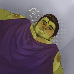 Rule 34 | 1boy, bakku (bakkunsfw), bara, beard stubble, black hair, blush, colored skin, facial hair, foreshortening, from below, green skin, highres, large pectorals, looking at viewer, looking down, male focus, meme, muscular, muscular male, nipple slip, nipples, orc, original, pectoral cleavage, pectoral focus, pectorals, photo-referenced, purple tube top, second-party source, short hair, sidepec, smile, solo, sparse chest hair, strapless, stubble, sweat, tank top, thick eyebrows, tube top, upper body, yur oc like this (meme)