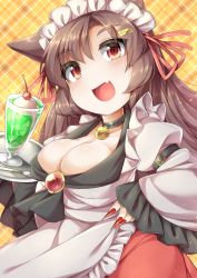 Rule 34 | 1girl, alternate costume, animal ears, apron, bell, blush, breasts, brooch, brown eyes, brown hair, bursting breasts, cleavage, collar, drink, enmaided, eyebrows, fang, fun bo, hair ornament, hair ribbon, hairpin, imaizumi kagerou, jewelry, juliet sleeves, large breasts, long hair, long sleeves, maid, maid apron, maid headdress, nail polish, neck bell, open mouth, plaid, plaid background, puffy sleeves, red nails, ribbon, solo, touhou, tray, wide sleeves, wolf ears