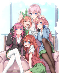 Rule 34 | 5girls, ahoge, black pantyhose, blue cardigan, blue eyes, blush, breasts, butterfly hair ornament, cardigan, couch, crossed legs, go-toubun no hanayome, green ribbon, green skirt, hair ornament, hair ribbon, hand on another&#039;s head, headphones, headphones around neck, highres, indoors, large breasts, looking at viewer, multiple girls, nakano ichika, nakano itsuki, nakano miku, nakano nino, nakano yotsuba, on couch, orange hair, pantyhose, pink hair, pleated skirt, quintuplets, red hair, red sweater vest, ribbon, sahara386, shirt, short hair, siblings, sisters, sitting, skirt, sky, star (symbol), star hair ornament, sweater vest, thighhighs, thighs, white shirt, white thighhighs, window, yellow sweater vest