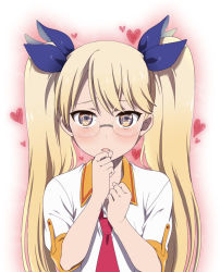 Rule 34 | 10s, 1girl, blonde hair, blush, cyan (show by rock!!), glasses, hair ribbon, hands on own face, heart, long hair, looking at viewer, mattaku mousuke, necktie, open mouth, red necktie, reflection, retoree (show by rock!!), ribbon, school uniform, show by rock!!, solo, twintails, upper body, yellow eyes