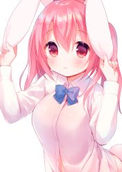 Rule 34 | 1girl, :3, animal ears, blouse, blue bow, blue bowtie, blush, bow, bowtie, breasts, closed mouth, dress shirt, hair between eyes, hands up, highres, light smile, long hair, long sleeves, looking at viewer, medium breasts, original, pink eyes, pink hair, rabbit ears, rabbit tail, shirt, simple background, smile, solo, tail, tareme, upper body, usashiro mani, white background, white shirt