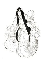 Rule 34 | 1boy, artist name, black hair, detached collar, fingernails, full body, greyscale, groin, highres, lamia boy, looking at viewer, male focus, monochrome, monster boy, muscular, necktie, okuma yuugo, one eye closed, original, sharp fingernails, short hair, simple background, snake boy, snake tail, solo, tail, topless male, traditional media, vest, white background