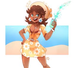 Rule 34 | 1girl, beach, blue eyes, breasts, brown hair, can, cleavage, drink, drink can, earrings, flower earrings, grin, hand on own hip, hat, highres, jewelry, laughing, legs, looking at viewer, mario (series), necklace, nintendo, open mouth, princess daisy, sand, shiny skin, skirt, smile, soda can, standing, super mario land, tomboy, water