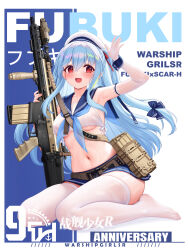 Rule 34 | 1girl, :d, absurdres, allenes, anniversary, armpits, assault rifle, beret, blue bow, blue hair, blue sailor collar, blue skirt, bow, breasts, character name, collarbone, commentary request, copyright name, elbow gloves, fn scar, fubuki (warship girls r), gloves, gun, hair between eyes, hair bow, hair ribbon, hand up, hat, highres, long hair, looking at viewer, medium breasts, open mouth, red eyes, red ribbon, ribbon, rifle, sailor collar, school uniform, serafuku, sitting, skirt, smile, solo, thighhighs, underboob, warship girls r, weapon, white hat, white thighhighs