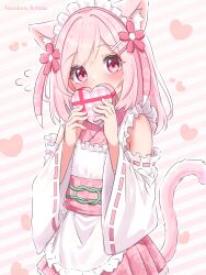 Rule 34 | 1girl, absurdres, animal ears, apron, artist name, box, cat ears, cat girl, cat tail, covering own mouth, detached sleeves, flower, frilled apron, frills, gift, gift box, hair flower, hair ornament, hairclip, hazakura hinata, heart, heart-shaped box, highres, holding, holding gift, japanese clothes, kimono, looking at viewer, maid, maid headdress, original, pink eyes, pink hair, pink kimono, solo, speech bubble, tail, upper body, valentine, variant set, wa maid