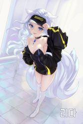 Rule 34 | 1girl, 2020, absurdres, animal ears, armpits, bare shoulders, black dress, black jacket, blade &amp; soul, blue eyes, boots, breasts, choker, collarbone, commission, dress, egk513, fox ears, fox girl, fox tail, full body, hair between eyes, hand on headwear, hand on own hip, highres, jacket, knee boots, kneehighs, long hair, looking at viewer, lyn (blade &amp; soul), medium breasts, off shoulder, open clothes, open jacket, open mouth, plushmallow (lyn), puffy sleeves, short dress, sleeveless, sleeveless dress, socks, solo, standing, strapless, strapless dress, tail, tile floor, tiles, visor cap, wavy hair, white footwear, white hair