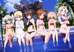 Rule 34 | &gt;:d, 10s, 6+girls, :d, absurdres, american flag bikini, american flag print, anchovy (girls und panzer), anglerfish, arm support, barefoot, bikini, blonde hair, blue eyes, breasts, brown eyes, brown hair, casual one-piece swimsuit, cleavage, cloud, criss-cross halter, crossed arms, darjeeling (girls und panzer), day, emblem, fang, feet, fish, flag print, frilled swimsuit, frills, front-tie top, girls und panzer, green hair, halterneck, hand on own chest, highres, katyusha (girls und panzer), kay (girls und panzer), large breasts, lineup, long hair, medium breasts, military, military vehicle, motor vehicle, multiple girls, navel, nishizumi maho, nishizumi miho, official art, one-piece swimsuit, open mouth, palm tree, panzer iv, pool, print bikini, short hair, sky, small breasts, smile, soaking feet, soles, swimsuit, tank, toes, tree, twintails, v-shaped eyebrows, white one-piece swimsuit