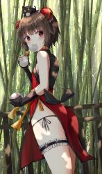 Rule 34 | 1girl, absurdres, animal, animal on head, ass, bamboo, bamboo forest, bare shoulders, black gloves, blush, bridal garter, brown hair, bun cover, cat, china dress, chinese clothes, chomusuke, commentary request, day, double bun, dress, eating, fingerless gloves, food, forest, frills, from side, gloves, hair bun, highres, holding, holding food, kono subarashii sekai ni shukufuku wo!, looking at viewer, megumin, nature, on head, outdoors, panties, red eyes, short hair, side-tie panties, side slit, solo, thighs, underwear, zeroillya