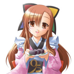 Rule 34 | 1girl, 95-tan, brown eyes, brown hair, food, giving, japanese clothes, kimono, long hair, looking at viewer, obi, os-tan, plate, sash, simple background, solo, upper body, white background