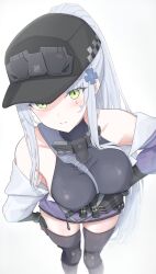 1girl absurdres baseball_cap black_gloves black_hat black_thighhighs breasts girls&#039;_frontline girls&#039;_frontline_2:_exilium gloves green_eyes grey_hair hat highres klukai_(girls&#039;_frontline_2) large_breasts long_hair ponytail sidelocks solo standing tattoo teardrop_facial_mark teardrop_tattoo thighhighs uchikata_takeaki very_long_hair