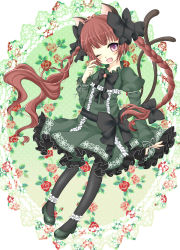 Rule 34 | 1girl, animal ears, black pantyhose, bow, braid, cat ears, cat girl, cat tail, dress, fang, female focus, flower, green dress, hair bow, hand on own face, harukaruha, highres, kaenbyou rin, multiple tails, nekomata, one eye closed, open mouth, pantyhose, pink eyes, red flower, red hair, red rose, rose, solo, tail, touhou, twin braids, wink