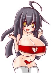 Rule 34 | 10s, 1girl, ahoge, ayazumi flutter, black hair, blush, breasts, cleavage, cleavage cutout, clothing cutout, collarbone, curvy, female focus, heart, heart cutout, heart maebari, huge breasts, kantai collection, long hair, maebari, mikazuki (kancolle), open mouth, simple background, solo, standing, thighhighs, white background, white thighhighs, yellow eyes