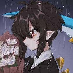 Rule 34 | 1boy, bob cut, bouquet, crying, facing to the side, flower, funeral, grey background, koyashaka, looking to the side, lord of heroes, nine (lord of heroes), pale skin, pink eyes, pointy ears, tearing up, trap, weapon