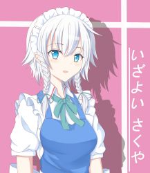Rule 34 | 1girl, :d, blue dress, blue eyes, blush, breasts, dress, drop shadow, green ribbon, hair between eyes, hair ribbon, highres, izayoi sakuya, lin mingpoi, looking at viewer, maid, maid headdress, medium breasts, neck ribbon, open mouth, pink background, puffy short sleeves, puffy sleeves, ribbon, shirt, short hair, short sleeves, silver hair, simple background, smile, solo, touhou, translation request, upper body, white shirt, wing collar