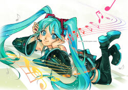 Rule 34 | 1girl, andrea jen, aqua hair, aqua nails, blue eyes, boots, checkered floor, closed mouth, hands on own face, hatsune miku, headset, lying, musical note, necktie, number tattoo, on stomach, shoulder tattoo, simple background, smile, solo, tattoo, treble clef, twintails, vocaloid, watermark, web address