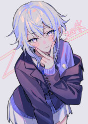 Rule 34 | 1girl, blue jacket, blue sweater, cropped arms, cropped torso, double-parted bangs, grey eyes, grey hair, highres, hunched over, jacket, light frown, medium hair, original, pleated skirt, school uniform, sidelocks, skirt, suzaku (zaku6584), sweater, v over mouth, white background, white skirt