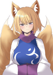 Rule 34 | 1girl, animal ears, blonde hair, blue tabard, breasts, commentary request, dress, fox ears, fox girl, fox tail, hands in opposite sleeves, highres, large breasts, long sleeves, looking at viewer, multiple tails, no headwear, purple eyes, solo, sunaguma, tabard, tail, touhou, white background, white dress, wide sleeves, yakumo ran