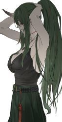 Rule 34 | 1girl, absurdres, arknights, armpits, arms up, black tank top, breasts, cleavage, closed eyes, green hair, green skirt, high ponytail, highres, horns, hoshiguma (arknights), jewelry, large breasts, long hair, nanamiya, necklace, sidelocks, single horn, skin-covered horns, skirt, solo, tank top, white background