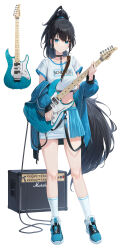 Rule 34 | 1girl, absurdres, amplifier, black choker, black hair, blue eyes, blue jacket, blue skirt, choker, closed mouth, crop top, crop top overhang, cryturtle, ear piercing, electric guitar, full body, guitar, high ponytail, highres, holding, holding instrument, instrument, jacket, long hair, long sleeves, looking at viewer, midriff, miniskirt, navel, off shoulder, open clothes, open jacket, original, piercing, pleated skirt, ponytail, shirt, shoes, short sleeves, skirt, smile, sneakers, socks, solo, standing, thighs, two-tone skirt, very long hair, white shirt, white skirt, white socks