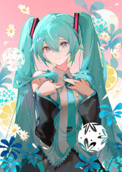 Rule 34 | 1girl, aqua eyes, aqua hair, aqua nails, aqua necktie, black skirt, black sleeves, breasts, closed mouth, collared shirt, commentary, daisy, detached sleeves, english commentary, flower, food, fruit, gradient background, grey shirt, hands on own chest, hatsune miku, indai (3330425), lemon, lemon slice, long hair, looking at viewer, necktie, pink background, plant, shirt, skirt, small breasts, smile, solo, twintails, upper body, vocaloid, white flower