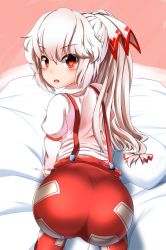 Rule 34 | 1girl, all fours, arched back, ass, back, bed, blouse, blush, bow, collared shirt, from behind, fujiwara no mokou, hair bow, kurodou, long hair, looking at viewer, looking back, ofuda, ofuda on clothes, open mouth, pants, parted lips, pillow, red eyes, shirt, silver hair, solo, touhou, white shirt