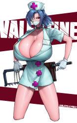 Rule 34 | 1girl, absurdres, artist name, blue hair, bonesaw, breasts, character name, cowboy shot, eyepatch, gloves, hat, highres, huge breasts, latex, latex gloves, mask, mouth mask, nurse cap, ponytail, red eyes, saw, scalpel, skullgirls, solo, surgical mask, valentine (skullgirls), white background, wolffeld price