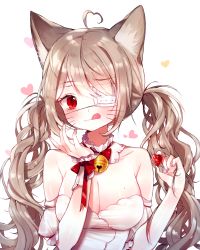 Rule 34 | 1girl, :3, :q, absurdres, ahoge, animal ears, bad id, bad pixiv id, breasts, brown hair, cat ears, cleavage, detached collar, detached sleeves, dress, eyepatch, food, fruit, heart, heart ahoge, highres, holding, holding food, holding fruit, large breasts, looking at viewer, medical eyepatch, nail polish, nare (17 junana), original, pink nails, red eyes, simple background, solo, tongue, tongue out, twintails, upper body, whiskers, white background, white dress