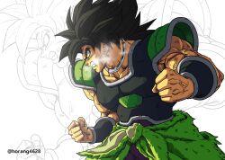 Rule 34 | 1boy, angry, armor, artist name, biceps, black hair, bracer, breastplate, broly (dragon ball super), cape, clenched hands, clenched teeth, collar, collarbone, commentary request, dragon ball, dragon ball super, dragon ball super broly, facial scar, fur cape, green cape, hands up, highres, horang4628, korean commentary, long hair, male focus, muscular, muscular male, pants, profile, purple pants, saiyan armor, scar, scar on arm, scar on cheek, scar on face, shoulder armor, simple background, solo, teeth, twitter username, v-shaped eyebrows, veins, waist cape, white background, yellow eyes, zoom layer