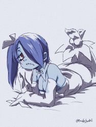 Rule 34 | 1girl, blue hair, blue skin, blush, colored skin, detached collar, detached sleeves, dress, feet, frown, full body, hair over one eye, hair ribbon, half-closed eyes, looking at viewer, lying, mtk hoshi, on side, on stomach, red eyes, ribbon, side ponytail, skeletal arm, skullgirls, solo, squigly (skullgirls), stitched mouth, stitches, zombie