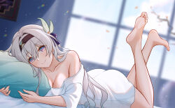 Rule 34 | 1girl, 2024, absurdres, ass, bare legs, barefoot, black hairband, black ribbon, blue eyes, blurry, blurry background, breasts, cleavage, commentary request, dated, feet, feet up, firefly (honkai: star rail), gradient hair, green hair, hair between eyes, hair ornament, hair ribbon, hairband, highres, holding, holding pillow, holy guagua, honkai: star rail, honkai (series), indoors, jewelry, large breasts, light blush, looking at viewer, lying, multicolored hair, on bed, on stomach, pillow, purple eyes, ribbon, ring, shirt, shirt slip, signature, smile, soles, solo, the pose, toes, two-tone eyes, white hair, white shirt, window