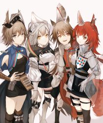 Rule 34 | 4girls, absurdres, animal ears, arknights, armor, unworn armor, armored boots, artist name, ashlock (arknights), ashlock (elite ii) (arknights), bird girl, black shirt, black skirt, blue jacket, boots, breasts, brown hair, cleavage, cleavage cutout, clothing cutout, commentary request, dress, ear covers, ear tag, earpiece, fartooth (arknights), feet out of frame, flametail (arknights), gauntlets, gloves, grey eyes, grey hair, gupipy, hair between eyes, hand on own hip, helmet, highres, horse ears, horse girl, jacket, kneehighs, knight, looking at viewer, multiple girls, open mouth, orange dress, orange eyes, red hair, shirt, short hair, simple background, skirt, small breasts, socks, squirrel ears, squirrel girl, squirrel tail, standing, tail, thigh strap, thighhighs, visor (armor), visor lift, white background, white shirt, wild mane (arknights), yellow eyes