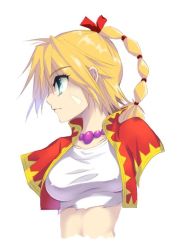 Rule 34 | 1girl, bandages, blonde hair, blue eyes, breasts, chrono cross, closed mouth, facial mark, high ponytail, kaede tooru, kid (chrono cross), long hair, simple background, solo, white background
