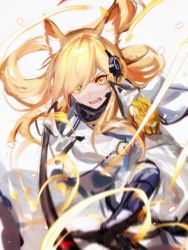 Rule 34 | 1girl, animal ear fluff, animal ears, arknights, blonde hair, grey background, headphones, highres, horse ears, implied extra ears, long hair, looking at viewer, nearl (arknights), nearl the radiant knight (arknights), official alternate costume, open mouth, simple background, solo, upper body, white background, yellow eyes, zuo daoxing